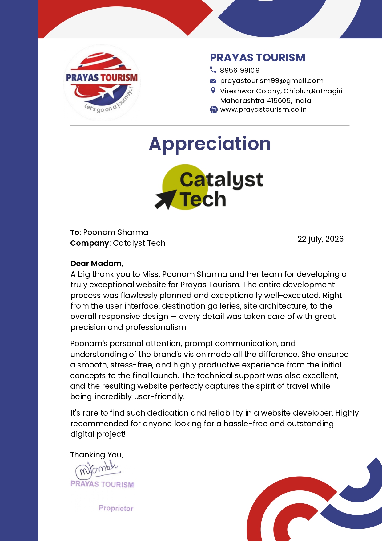 Prayas Tourism Appreciation Letter